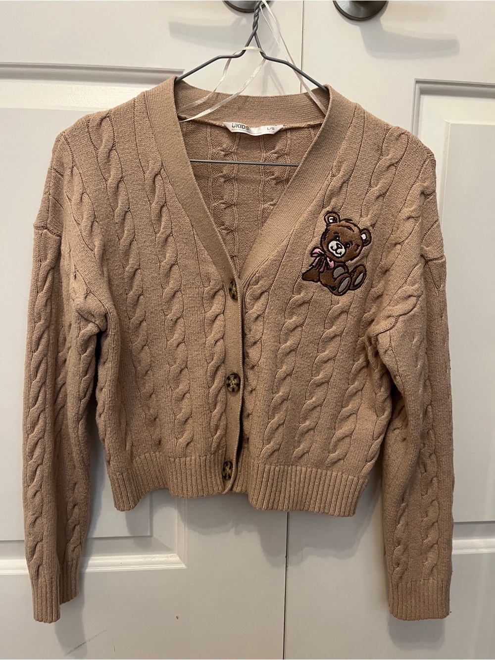 Urban Planet Kids Tan Cable-Knit Cardigan with Teddy Patch